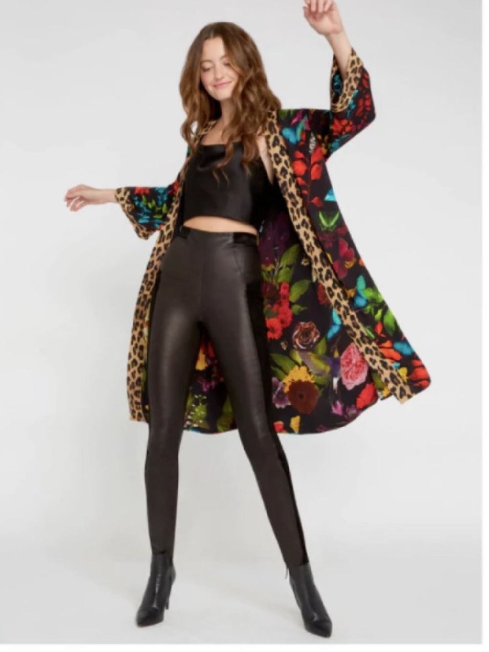 Alice + Olivia Black Faux Leather High-Rise Leggings with Colorful Floral Kimono